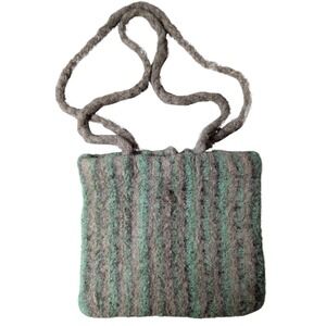 Felted Shoulder Handbag Lined Green Gray Striped Knit Braided Strap Boho Coastal